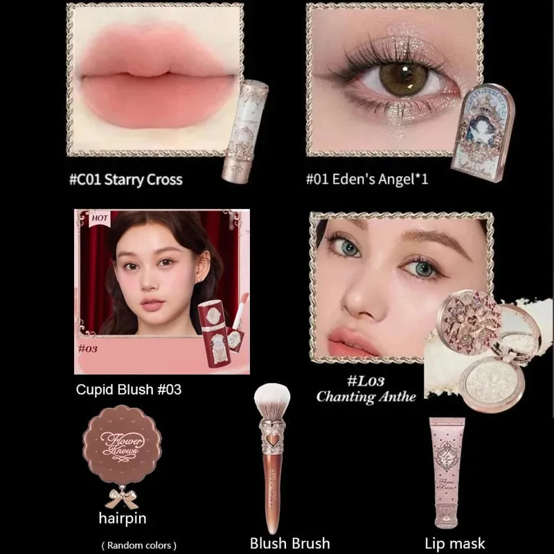 Flower Know Little Angel Collection Kotak Hadiah Makeup Eyeshadow Blush Cream Matte Lipstik Highlighter Kit Lengkap Semua Dalam Satu