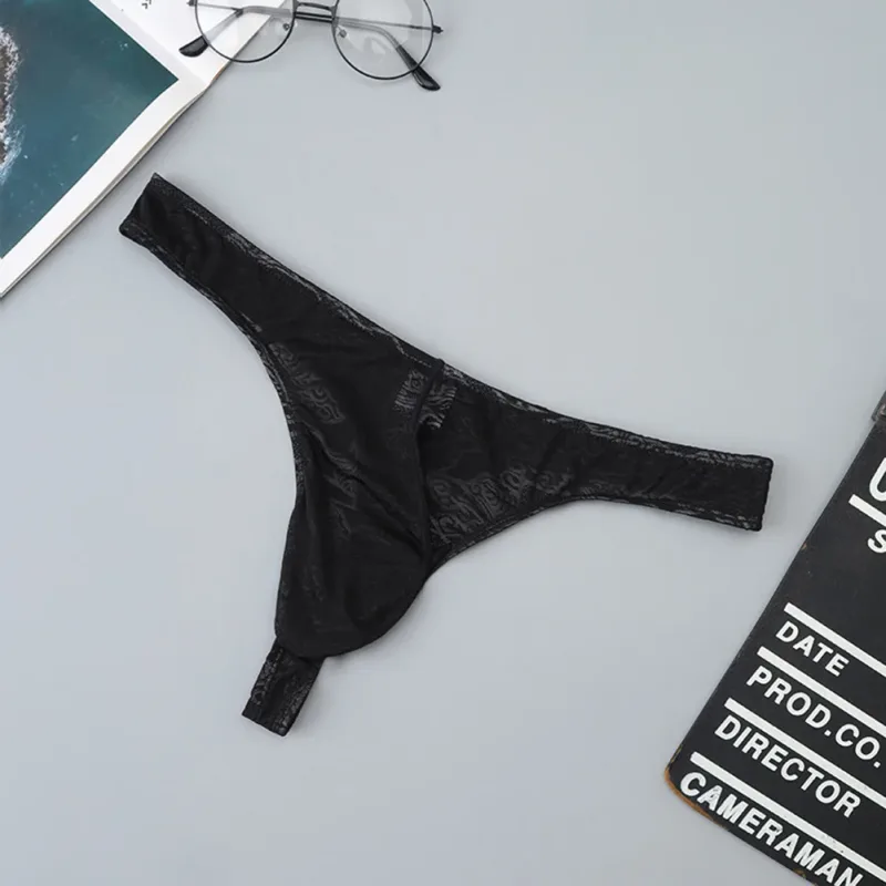 Men Lace Jacquard G-string Underwear High Stretchy Large Pouch Thong Panties Sexy Gays Erotic T-back Underpants