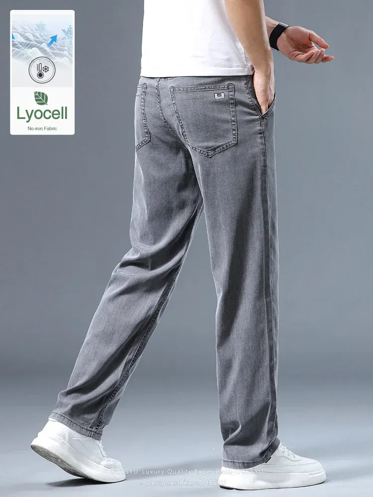 קיץ דקים גברים ג'ינס רופף ישר Lyocell Soft Drape Business Casual מכנסיים מעשן אפור אייס משי מכנסיים פלוס מידה 40 42