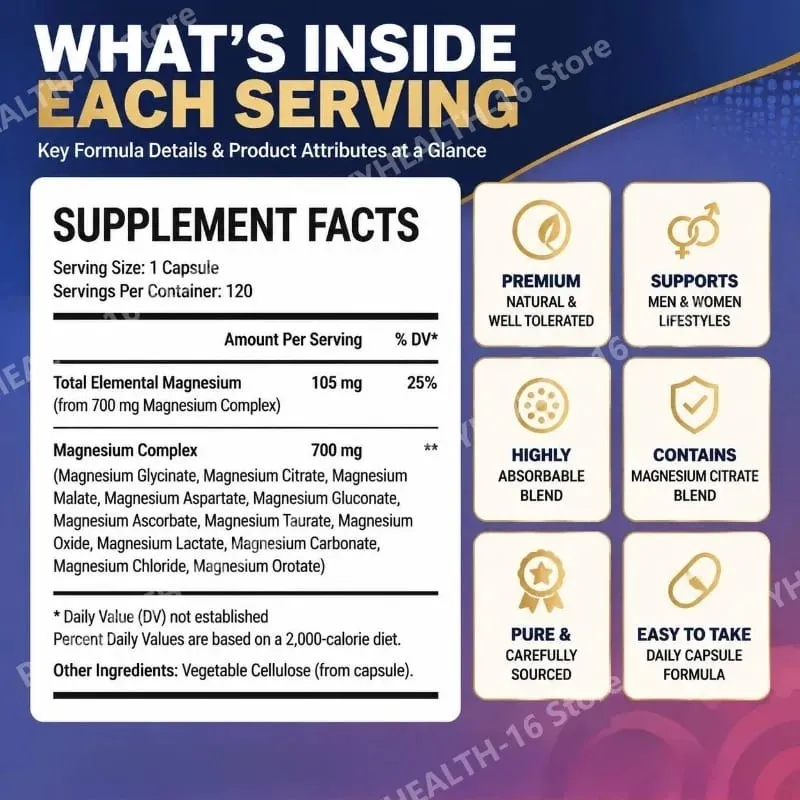 Magnesium Glycinate 12-in-1 Complex Sleep & Mood Support Muscle & Bone Health Citrate Malate Taurate 120 Capsules Non-GMO
