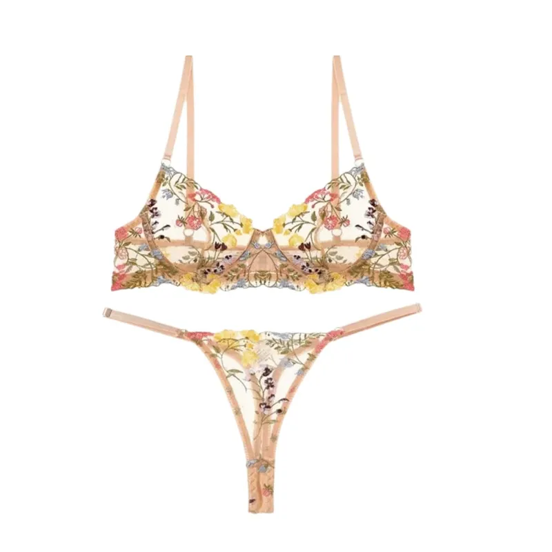 Ευέλικτο διαφανές σετ εσωρούχων Εξαιρετικά λεπτό κομψό κέντημα Floral εσώρουχα Push Up Panties Γυναικείο Σετ σουτιέν