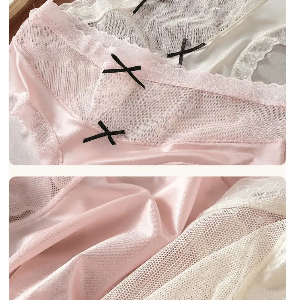 Men Satin Lace Brief Underwear Sweet Bow Decoration Sheer Mesh Waistband Scalloped Lace Trim Soft Smooth Fabric Sexy Male Briefs