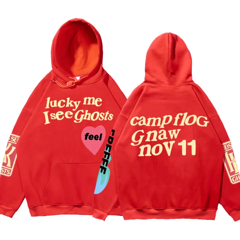 Graffiti-Buchstabe gedruckt lose Kapuze Kanye Sweatshirts Männer übergroße Fleece Luck Me I See Ghosts Hoodie Unisex Pullover Hoody