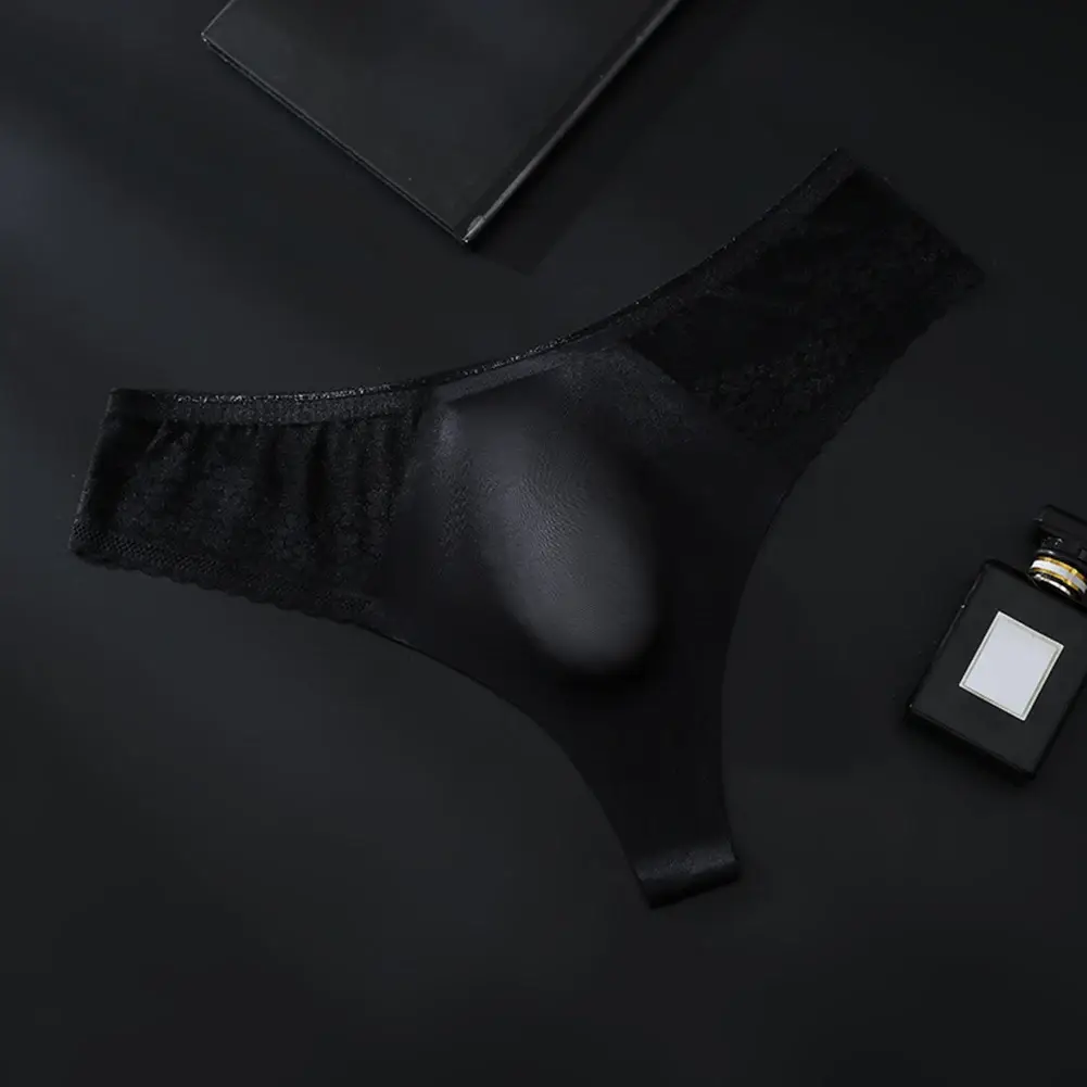 Breathable Men's Lace G-String Underwear Featuring Thin Seamless Ice Silk Fabric with 3D Bulge Pouch and Solid Color Design
