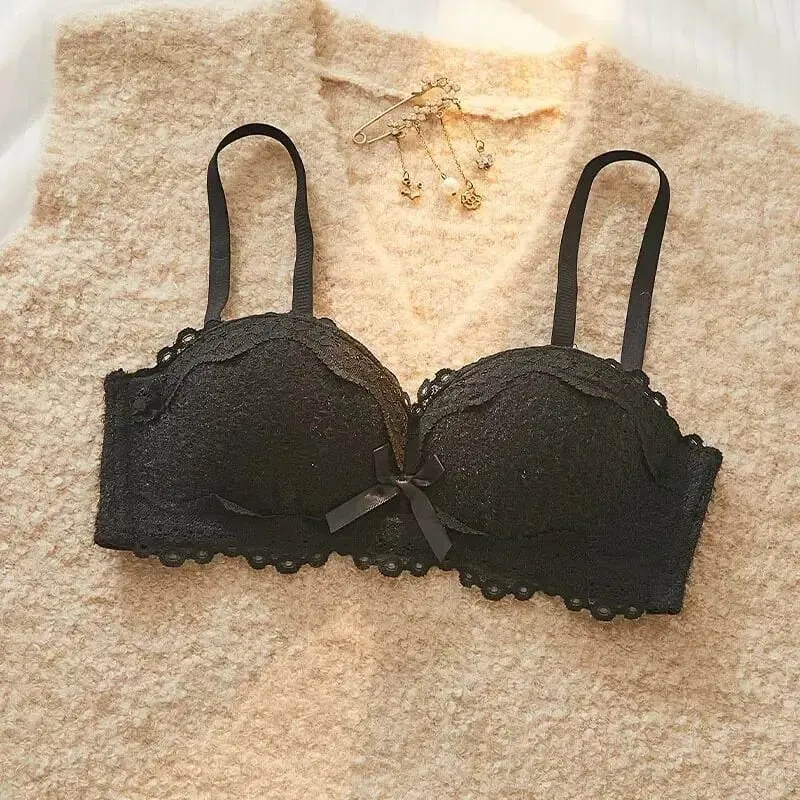 Lace Sexy Lingerie Set Push Up Thick Padded Small Breast Enhance Shaping Half Cup Bra Concealed Brief Intimates Underwear