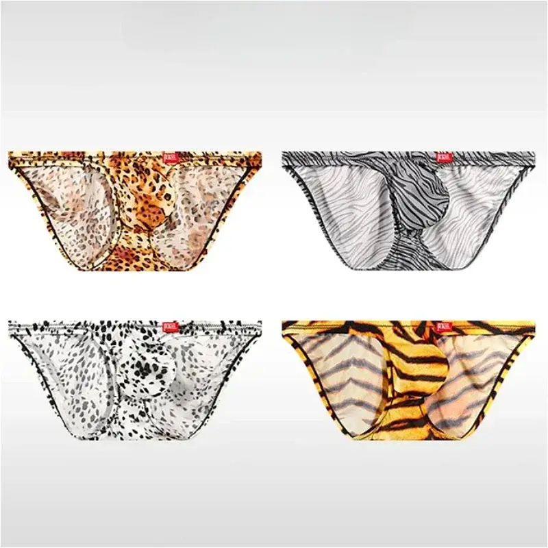 Leopard Ice Silk Mens Sexy Underwear Ultra-thin Silky Convex Pouch Briefs Smooth Man Panties Breathable Low Waist Men Underpants