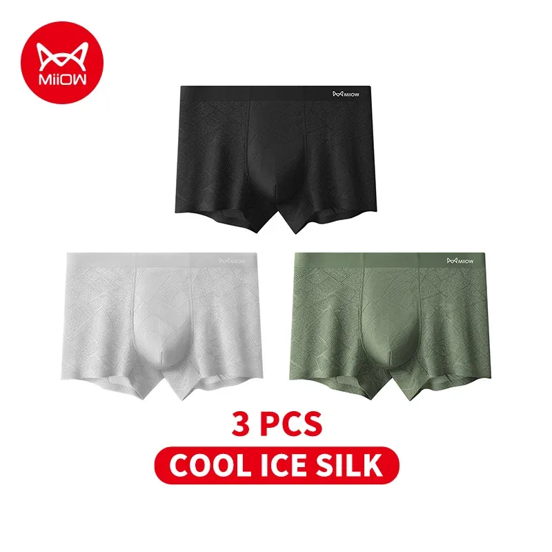MiiOW 3Pcs Hollow-out Ice Silk Men Underwear Boxers Silky Breathable Man Underpants 10A Antibacterial Crotch Men's Boxer Panties