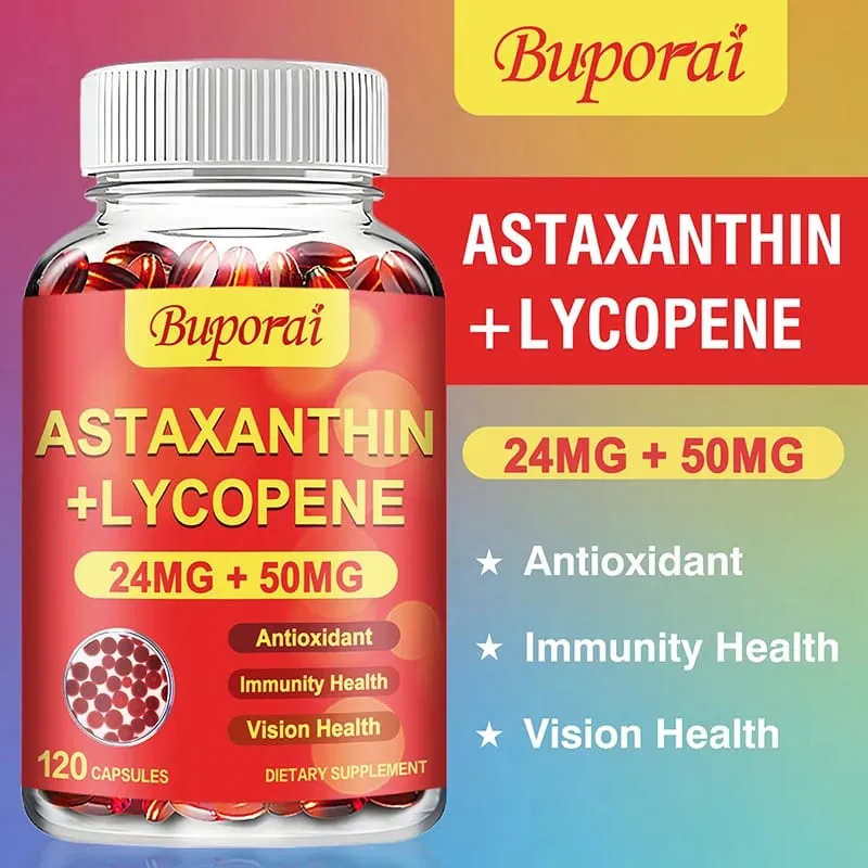 Astaxanthin + Lycopene Capsules - Supports Eye Joint and Skin Health Improves Immunity Speeds Up Metabolism Non-GMO