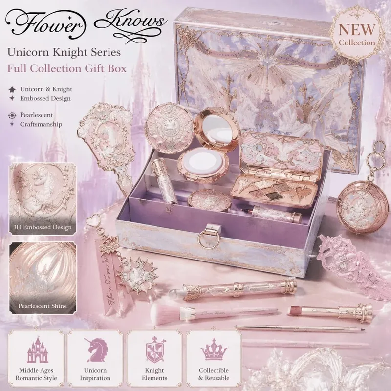 Flower Knows Knight Unicorn 10 τμχ Πλήρες σετ μακιγιάζ Eyeshadow Blush Lipstick Loose Powder Lip Liner Mirror Κουτί δώρου