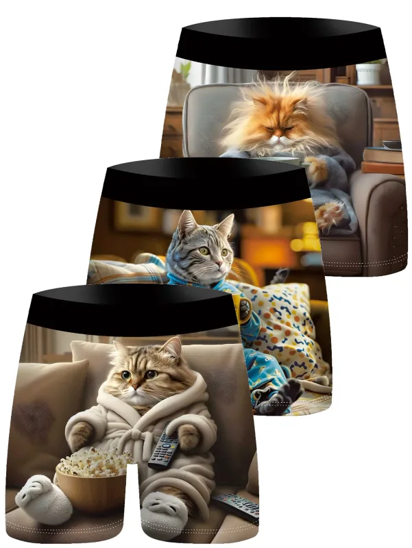 3Pcs Men Boxer Briefs Cute Lazy Cat 3D Print Underwear Soft Stretch Male Underpants Funny Novelty Gift Boxer Shorts