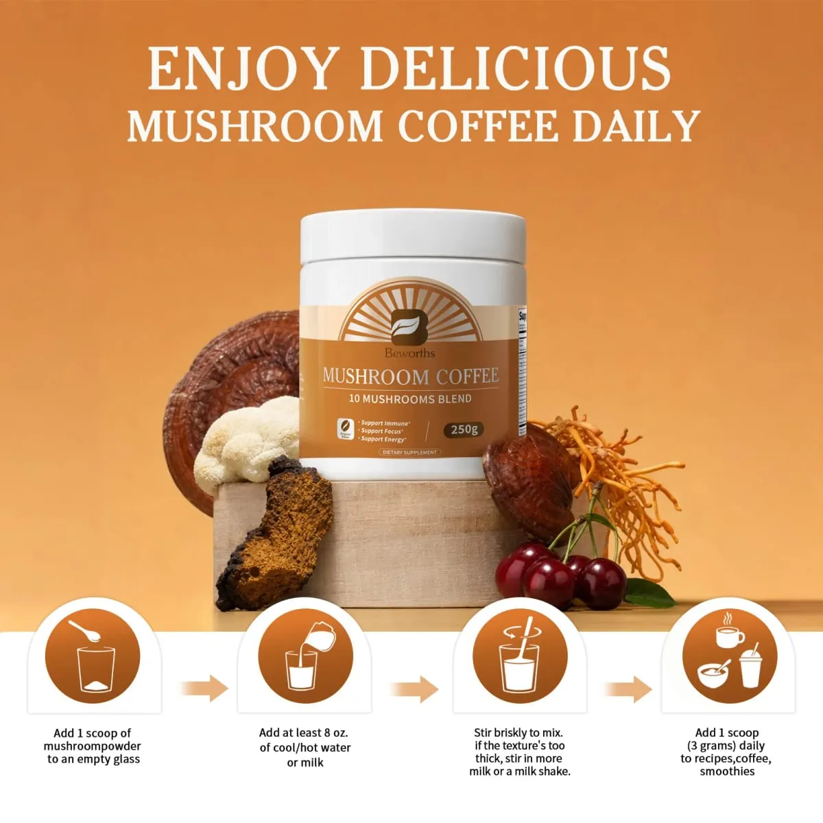 Ang Beworths Reishi Mushroom Coffee ay nagpapalakas ng Memorya ng Utak at Cognitive Clarity Immune System at Digestion Health Energy Supplement
