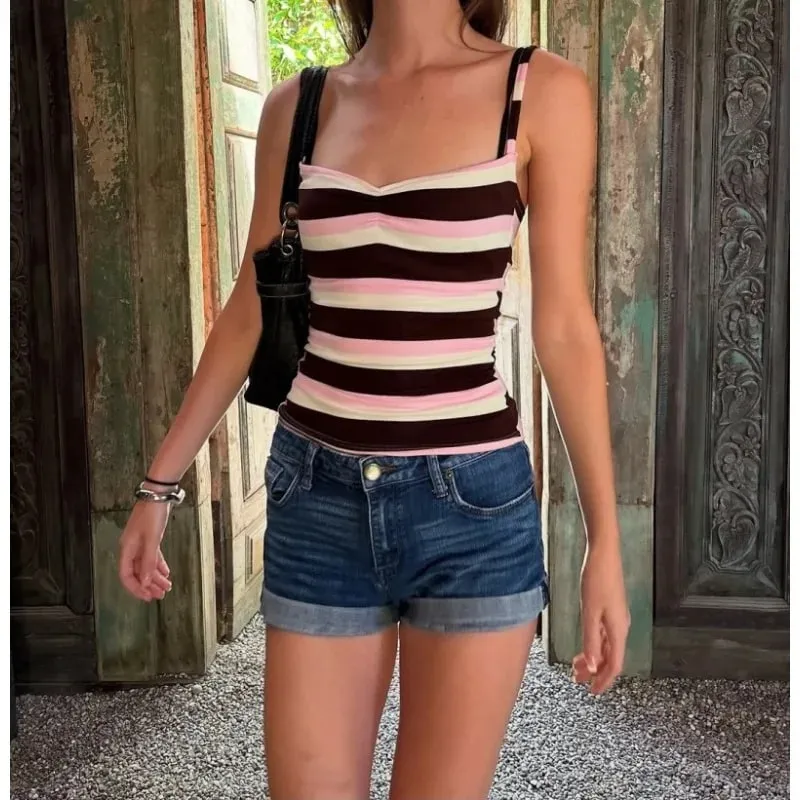 Color Block Stripe Twist Μπροστινό λουράκι σπαγγέτι Cami Top Slim Fit Y2K Sweet Summer Sleeveless Tank Top