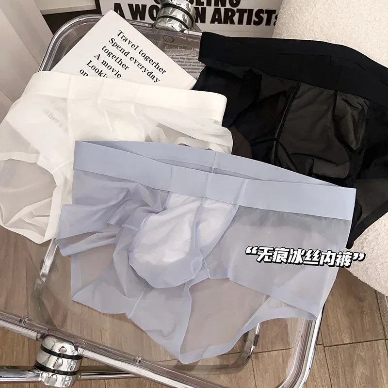 Transparante Slips Heren Ultradunne Ijs Zijde Sneldrogend Slipje Sexy U Ardennen Pouch Man Ondergoed Ademende onderbroek Cuecas