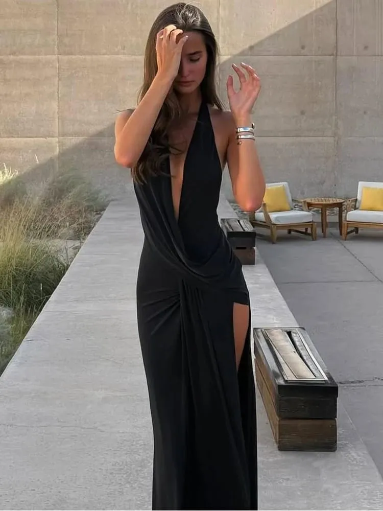 Cutenew Party Απλά Γυναικεία Maxi Φορέματα Solid Trend Halter Cross με αιωρούμενο λαιμό χωρίς πλάτη V-λαιμόκοψη ψηλό σχιστό Bodycon Mujer Vestidos — image 2