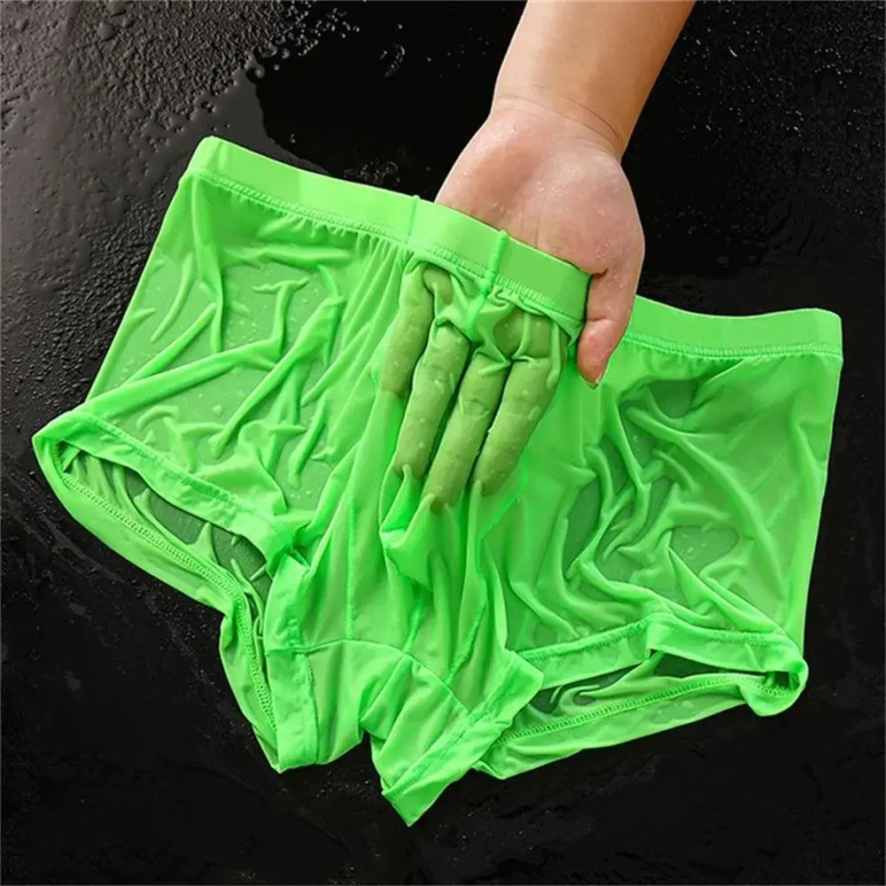 Boxers transparentes homens de seda gelo secagem rápida troncos masculinos verão sem costura roupa interior ultra-fino plus size shorts