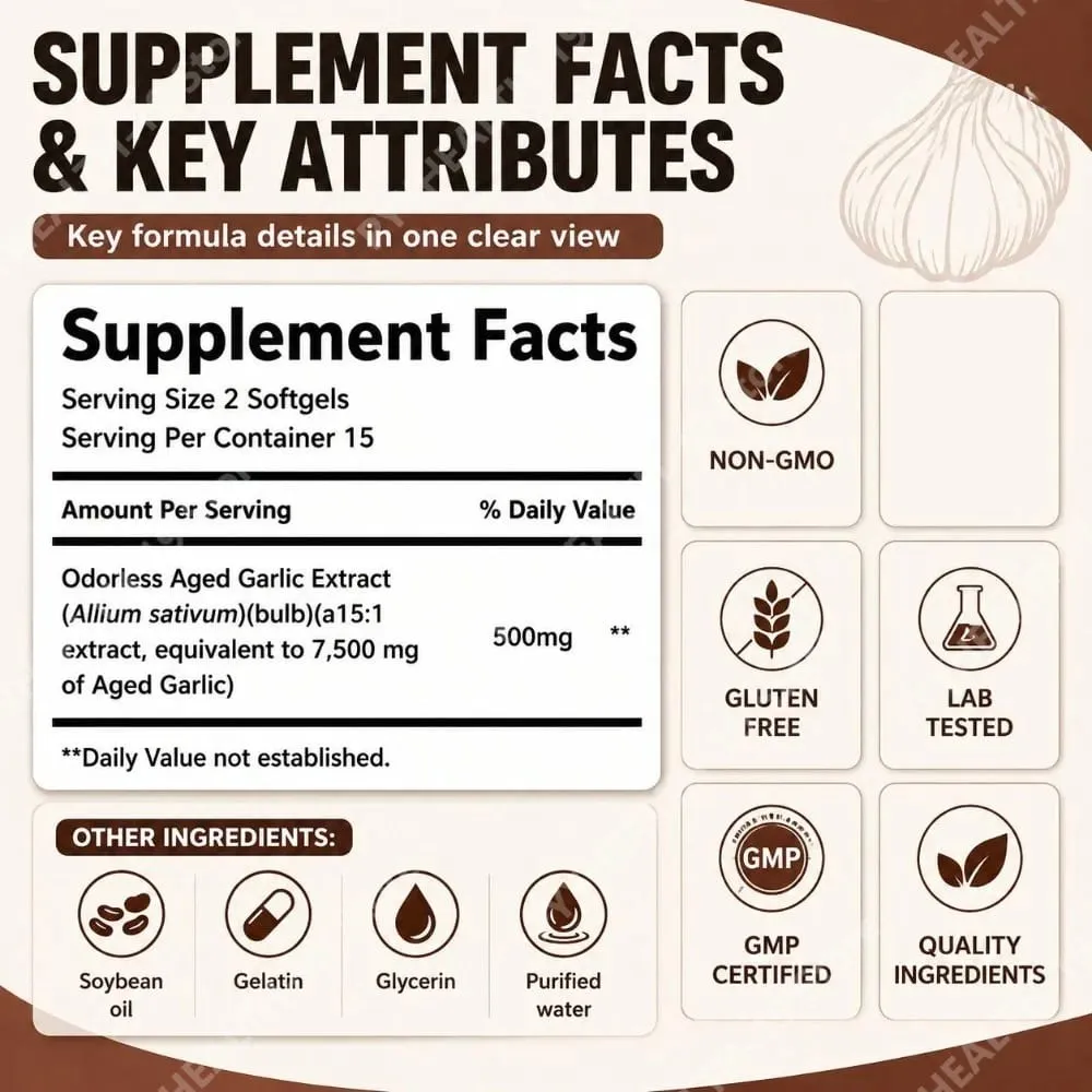 Άοσμο παλαιωμένο εκχύλισμα σκόρδου Softgels 7500mg ισοδύναμης 24-μηνης ζύμωσης για ανοσοκαρδιομεταβολική υποστήριξη Ενήλικες 30 Αριθμός