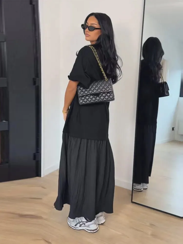 Κοντομάνικο συνονθύλευμα Oversized Μακρύ Φόρεμα Γυναικείο Κομψό με λαιμόκοψη Πλισέ Φαρδιά Φορέματα για πάρτι Καλοκαιρινά Casual Lady Vestidos