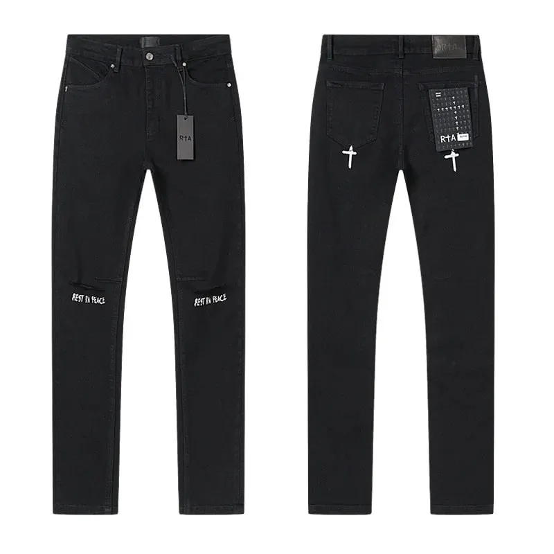 Νέο RTA Destroyed Scratch Hole Light Blue Distressed Jeans Ανδρικά High Street Elastic Slim Fit jeans 2026 Μάρκα παντελόνι Streetwear