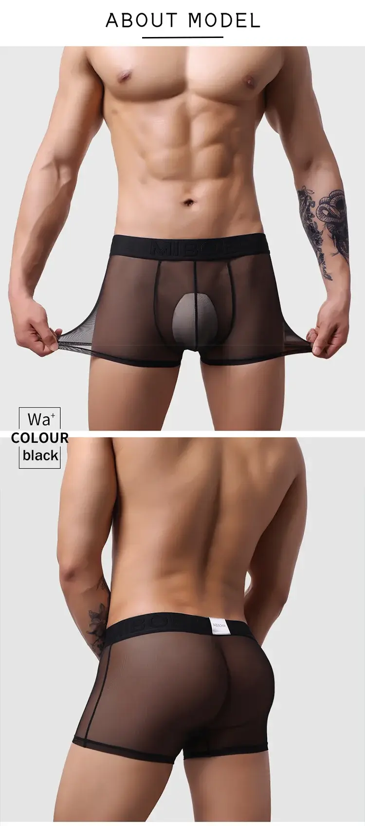 Men's Transparent Full Mesh Boxer Briefs See-Through Underwear Low Rise U-Pouch Breathable Sexy Low-Rise Elastic Waistband