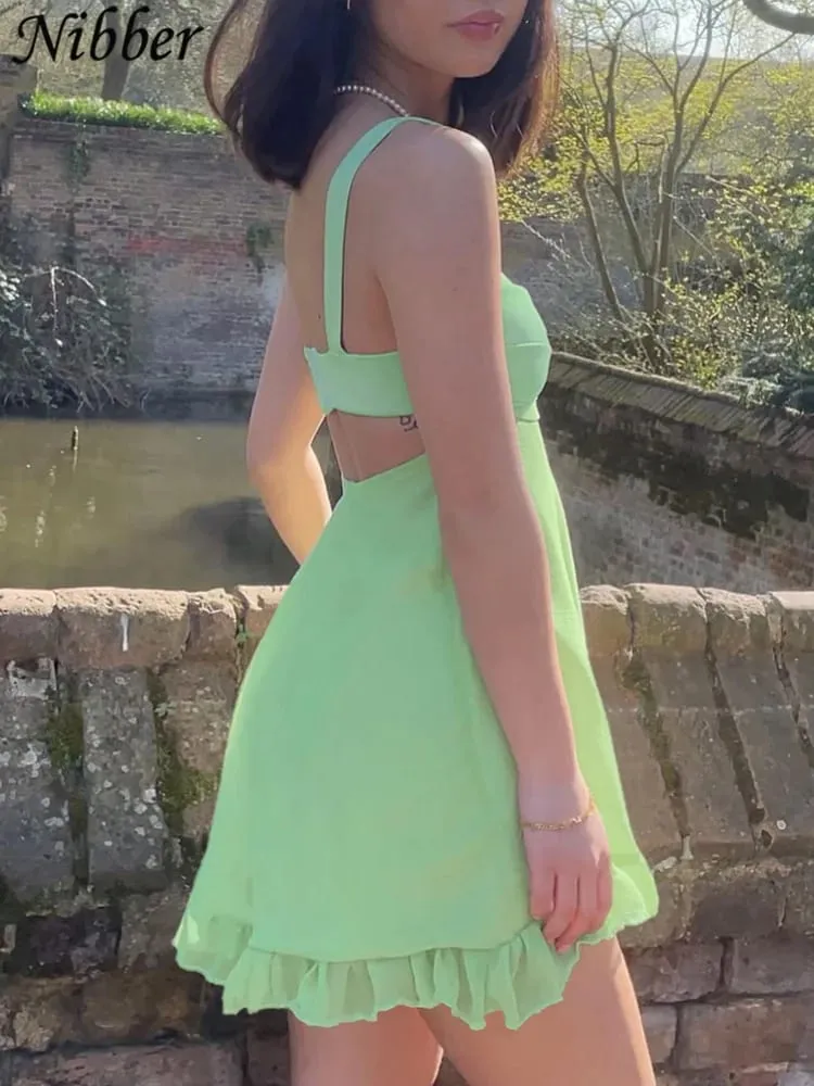 Nibber Vestidos Elegantes Para Mujer Μονόχρωμο Cutout Slim Sling Φόρεμα Γυναικείο σέξι εξώπλατο βολάν φόρεμα2023