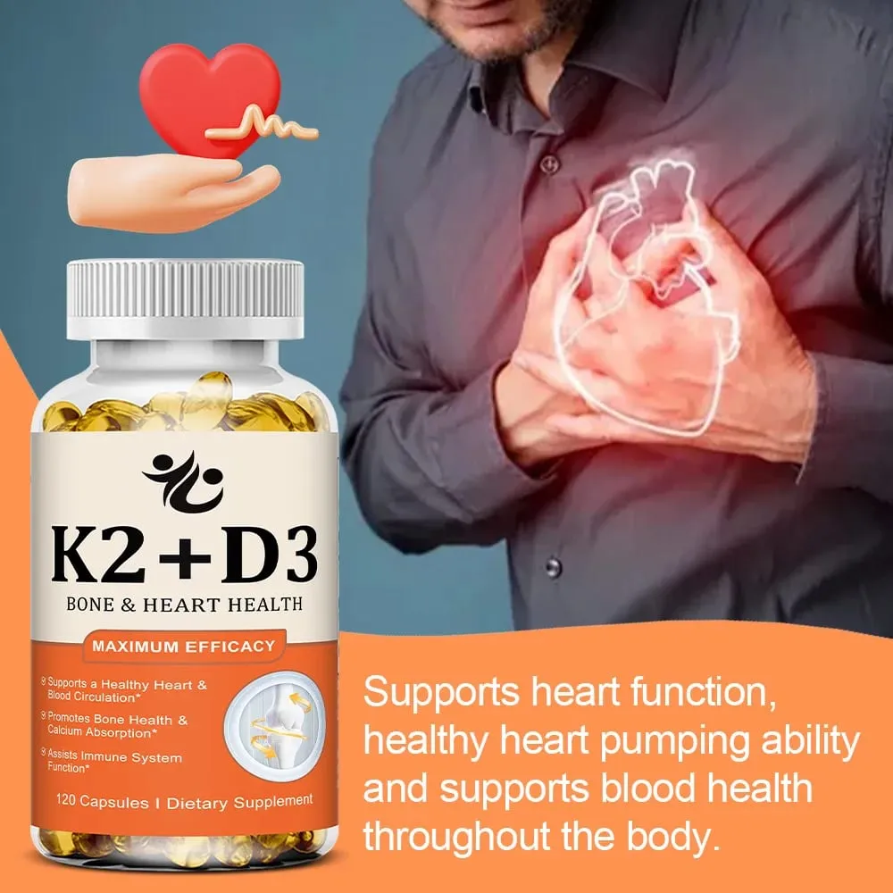Vitamin D3 + K2 Capsules Support Calcium Absorption Bone & Joint Wellness Cardiovascular Function and Immune System Health