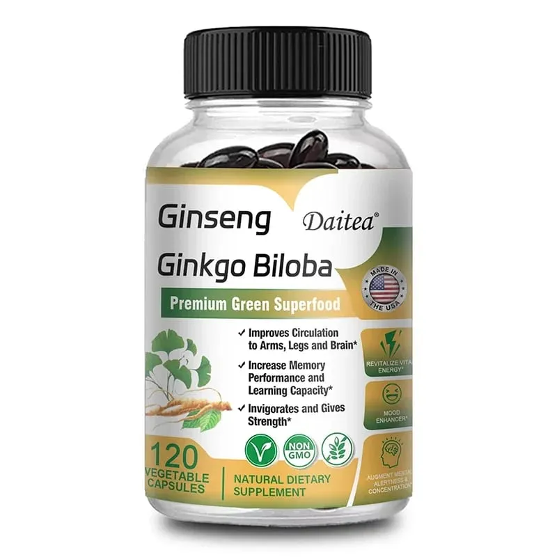Premium Ginseng + Ginkgo - Nootropic Brain Supplement Memory & Concentration Circulation & Energy Boost 120 Capsules