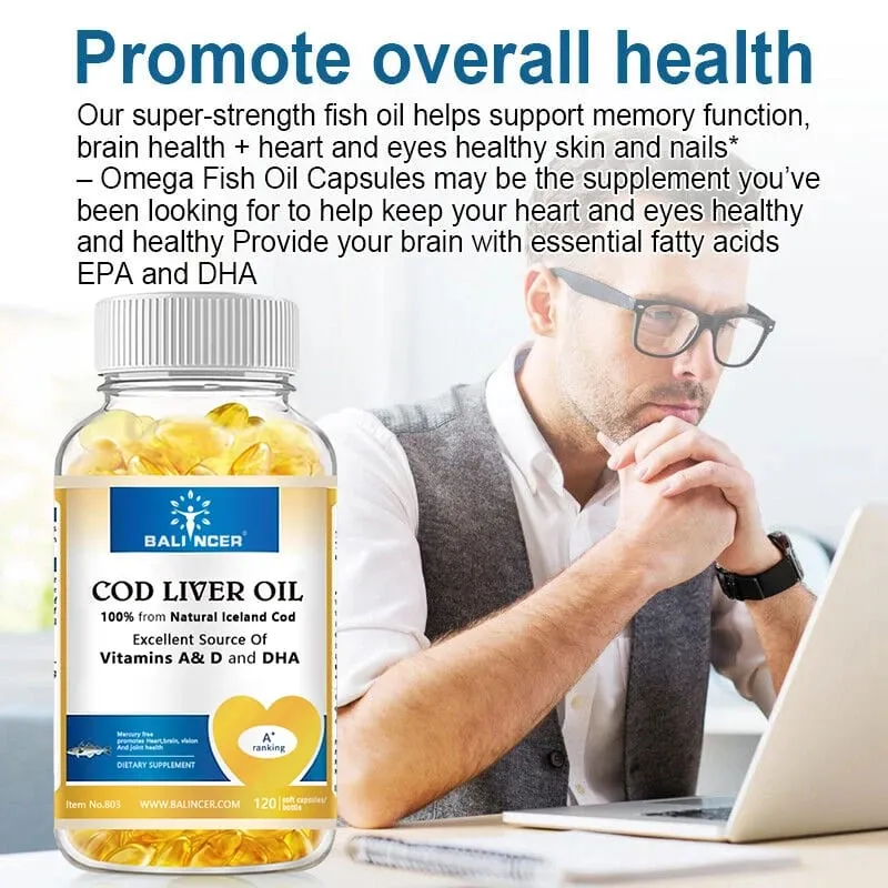 Cod Liver Oil Capsules Rich in Vitamin A D and DHA Help Maintain Healthy Skin Strong Brain and Bones and Improve Memory