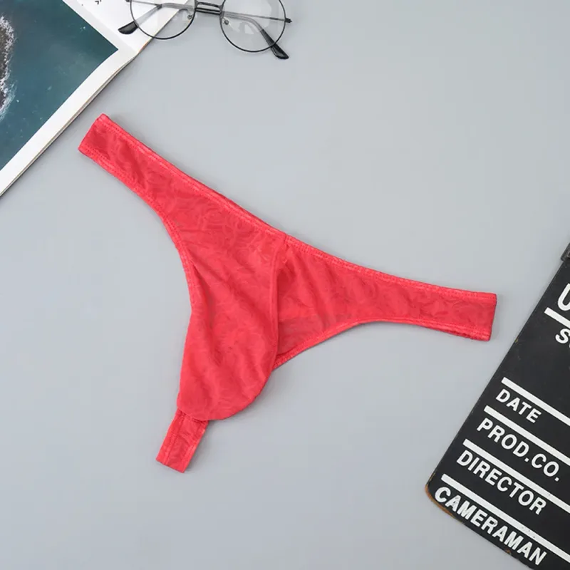 Men Lace Jacquard G-string Underwear High Stretchy Large Pouch Thong Panties Sexy Gays Erotic T-back Underpants