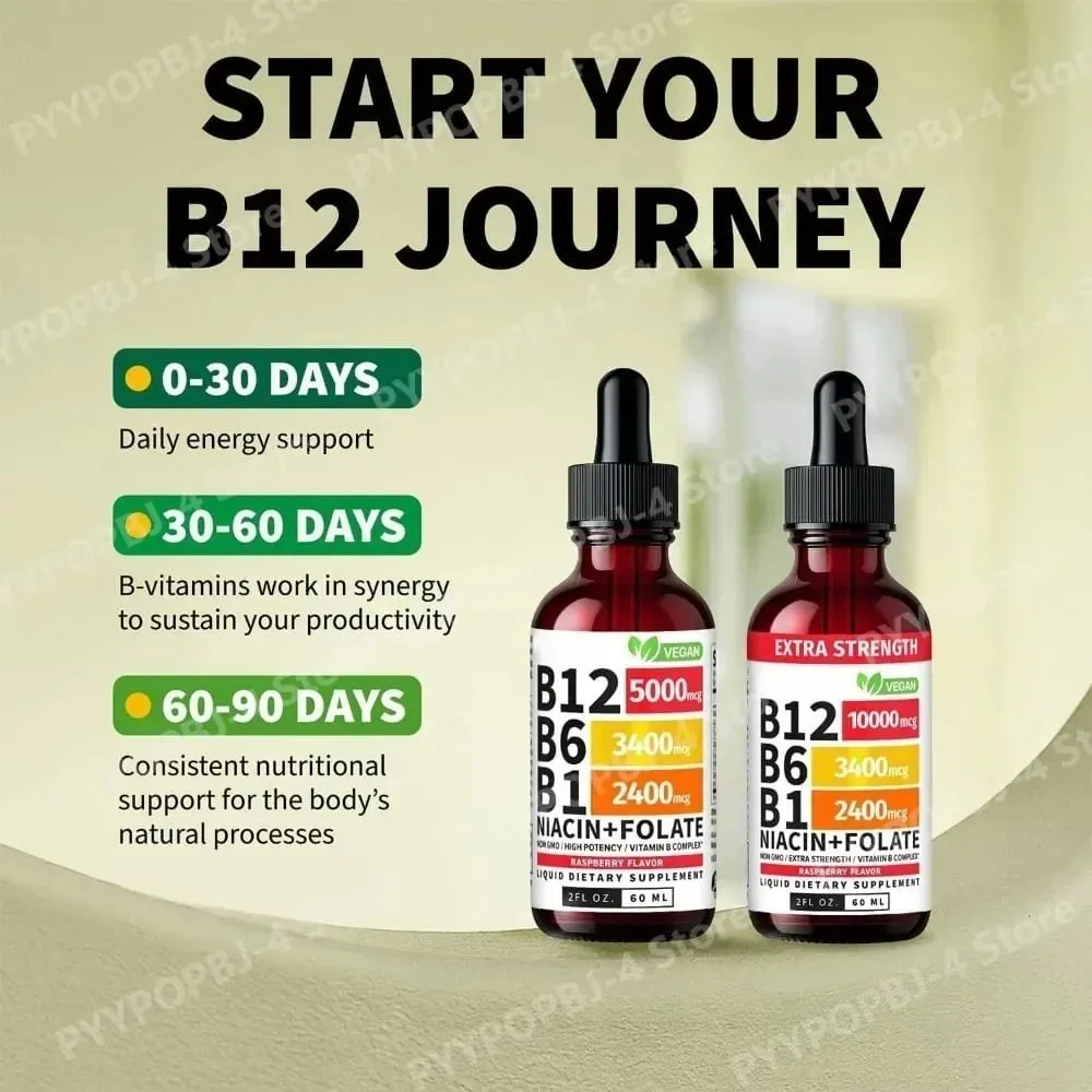 Vitamin B12 B6 Tetes Cair 60Ml B Kompleks dengan B1 Niacin Folat Raspberry Suplemen Kesehatan Harian Vegan 40 Porsi Dewasa