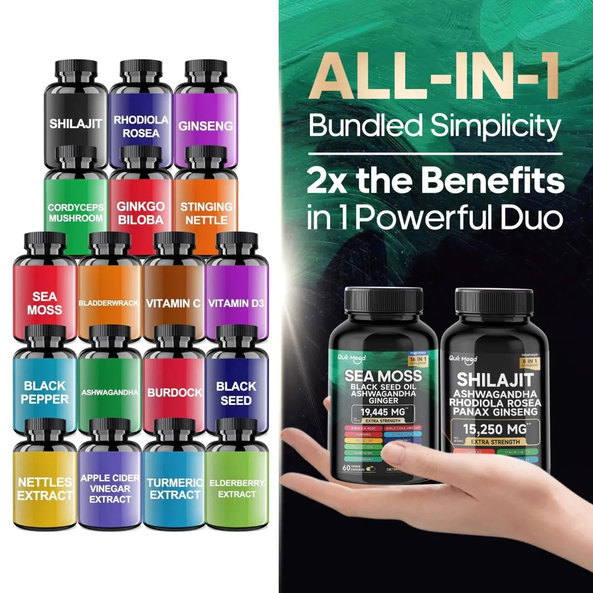 Bundle Sea Moss and Shilajit |High Potency Vitality Combo - Ashwagandha Turmeric Bladder Burdock 2000 Mg & Ginger Vitamin C
