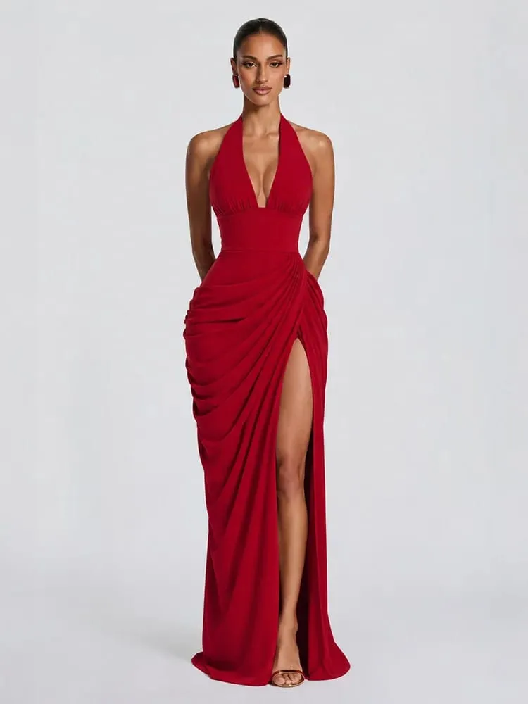 Sexy Solid Pleated Halter Women's Dress Fashion Sleeveless Backless Waist-cinching Split Maxi Dresses 2026 Summer Party Gowns
