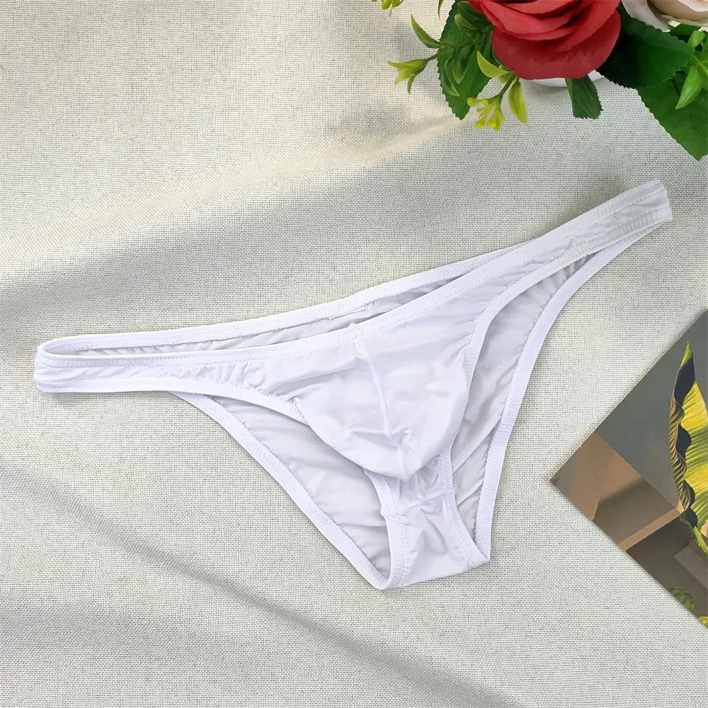 Men's Ultra-low Waist Bugle Pouch Bikini Briefs Sexy Tight Transparent Underwear Male Ice Silk Ultra-thin Underpants Plus Size