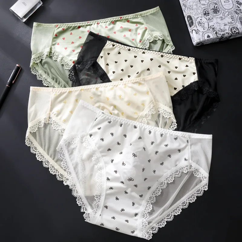 Sexy Lace Mens Briefs 3D Pouch Floral Edge High Elastic Sweet Heart Bow Print Mesh Splicing Underwear