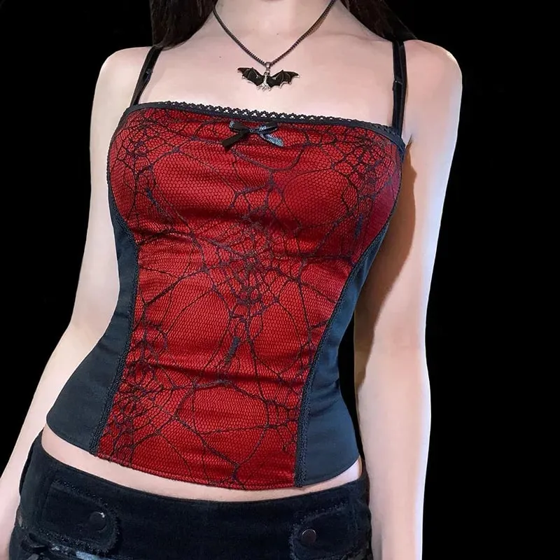 Gótikus punk lány pókháló mintás csipke patchwork Camis női szexi ujjatlan szögletes gallérral karcsú tank felső Utcai ruházat, vágás felső