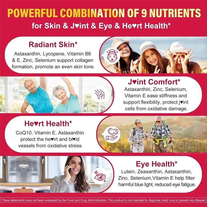 Liposomal Astaxanthin Supplements with Lycopene CoQ10 Lutein Vitamin B6 E Zinc Antioxidants for Healthy Skin Eyes Aging