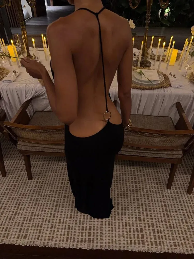 Tossy Women Halter ללא גב Bodycon מקסי שמלת מקסי פתוחה גב ספגטי רצועת זהב טבעת מסיבת ערב שמלת קיץ חוף שמלה ארוכה