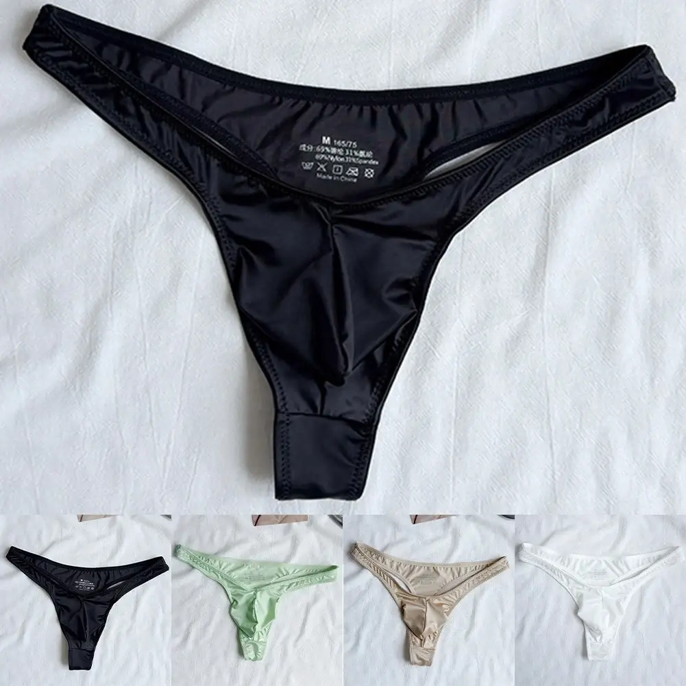 1pc Men Satin-like Glossy Ice Silk G-string Solid Low-Waist Shiny Smooth Thong Bulge Pouch Thong Thin Transparent Underwear
