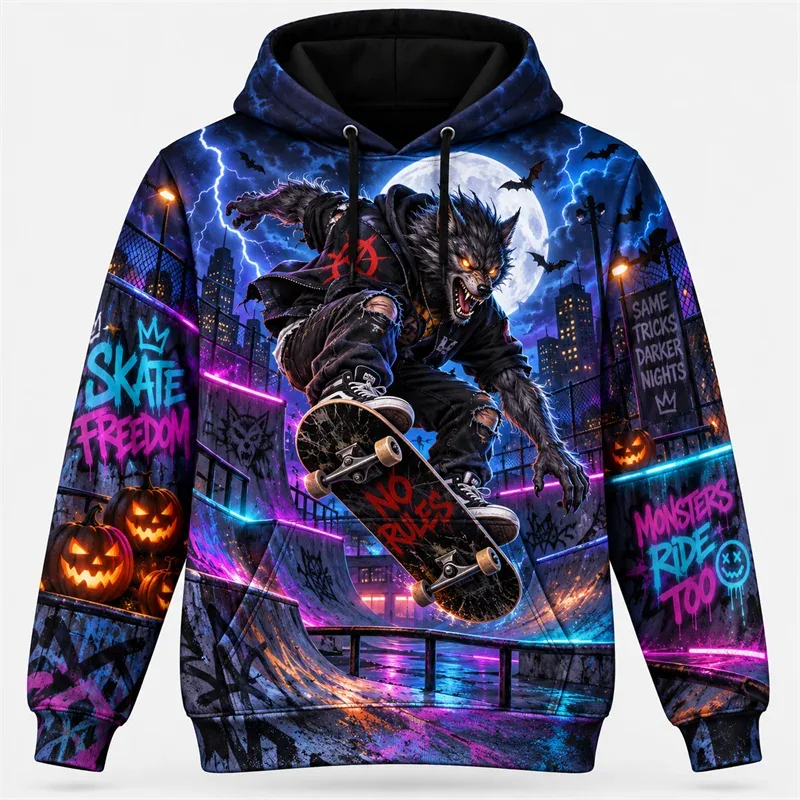 Hoodie Halloween 2026 Pulover Grafis Retro Petualangan Berhantu Pakaian Jalanan Malam Gotik Kerangka Hantu Labu Hutan Bulan Uniseks — image 2