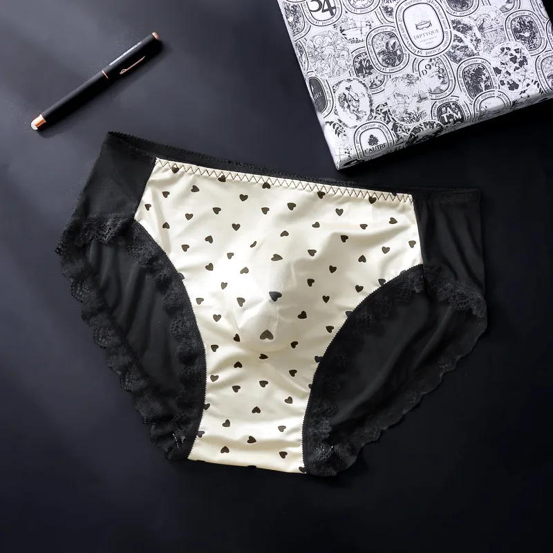 Sexy Lace Mens Briefs 3D Pouch Floral Edge High Elastic Sweet Heart Bow Print Mesh Splicing Underwear