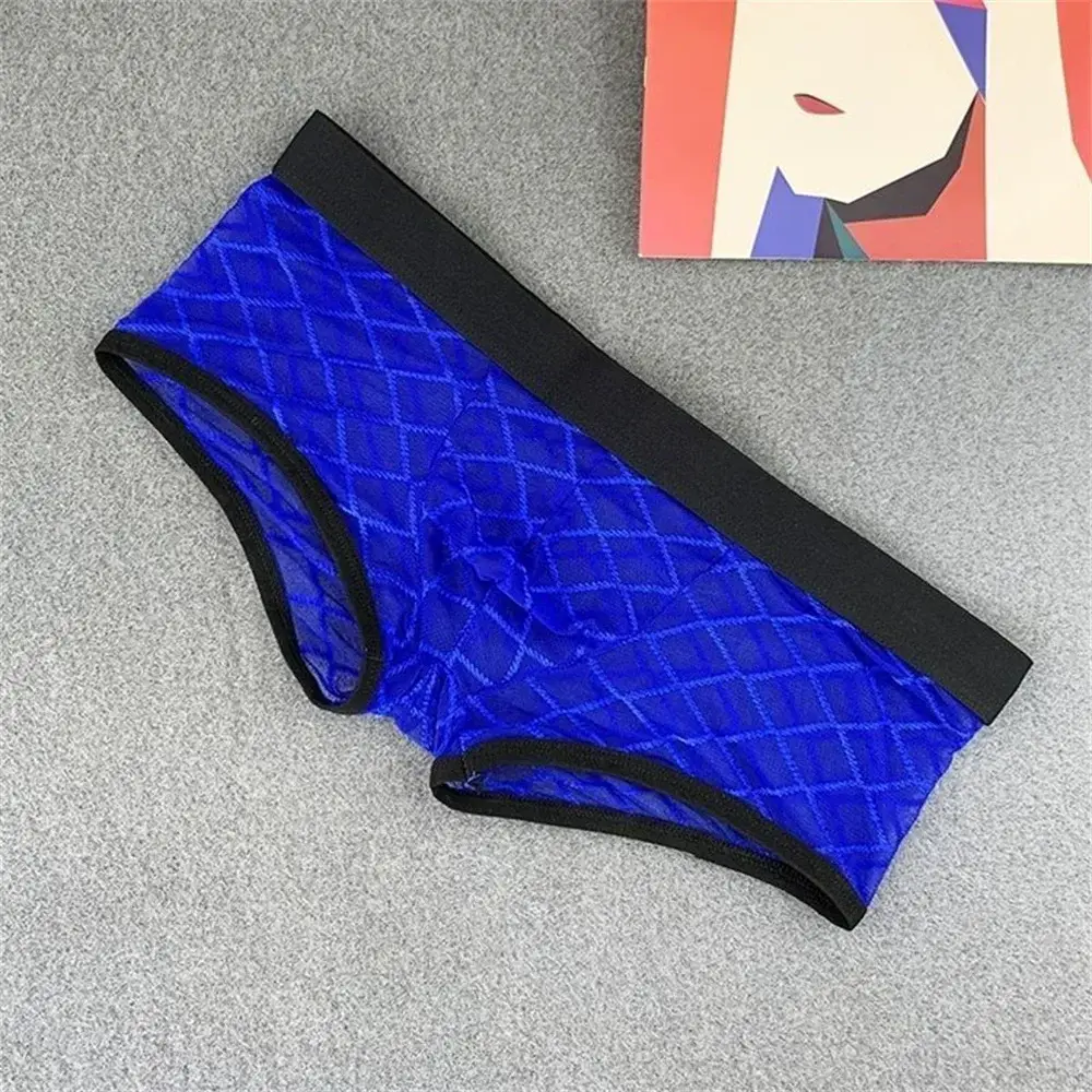 Cueca boxer transparente masculina, bolsa com protuberância, transparente, malha xadrez, sexy, cintura baixa, plus size