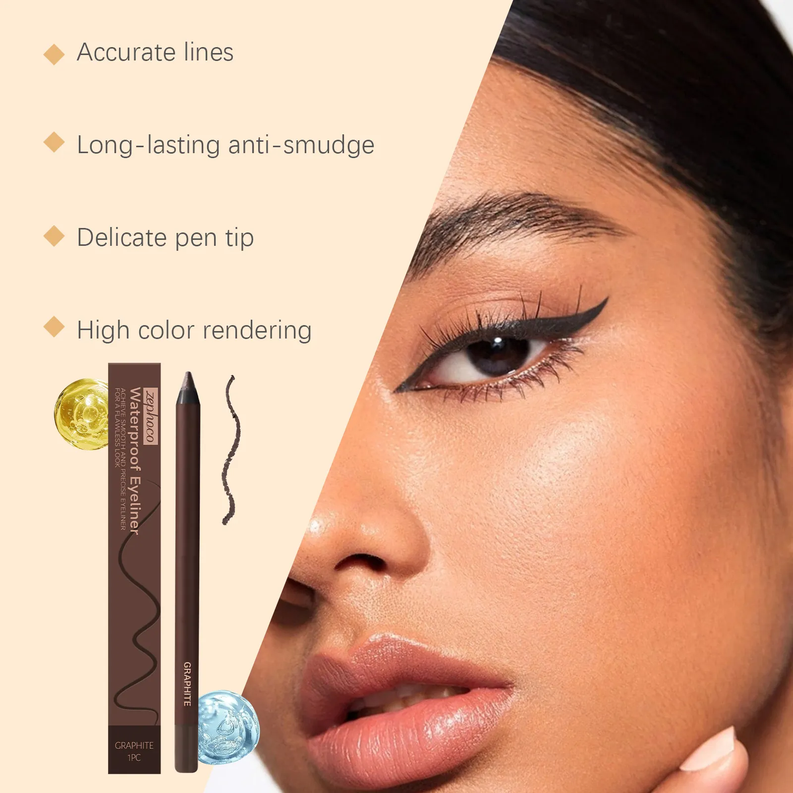 Zephoco Gel Eyeliner Pen Vízálló Smooth Eye Smink Hosszan tartó izzadságálló, olajálló Smudge Proof Eye Liner Ceruza smink