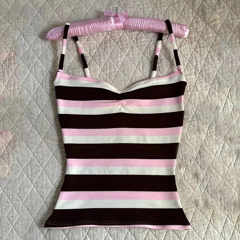 Color Block Stripe Twist Μπροστινό λουράκι σπαγγέτι Cami Top Slim Fit Y2K Sweet Summer Sleeveless Tank Top