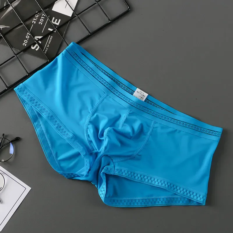 Venda quente de seda gelo roupa interior masculina sem costura transparente boxer shorts ultra-fino respirável confortável calcinha