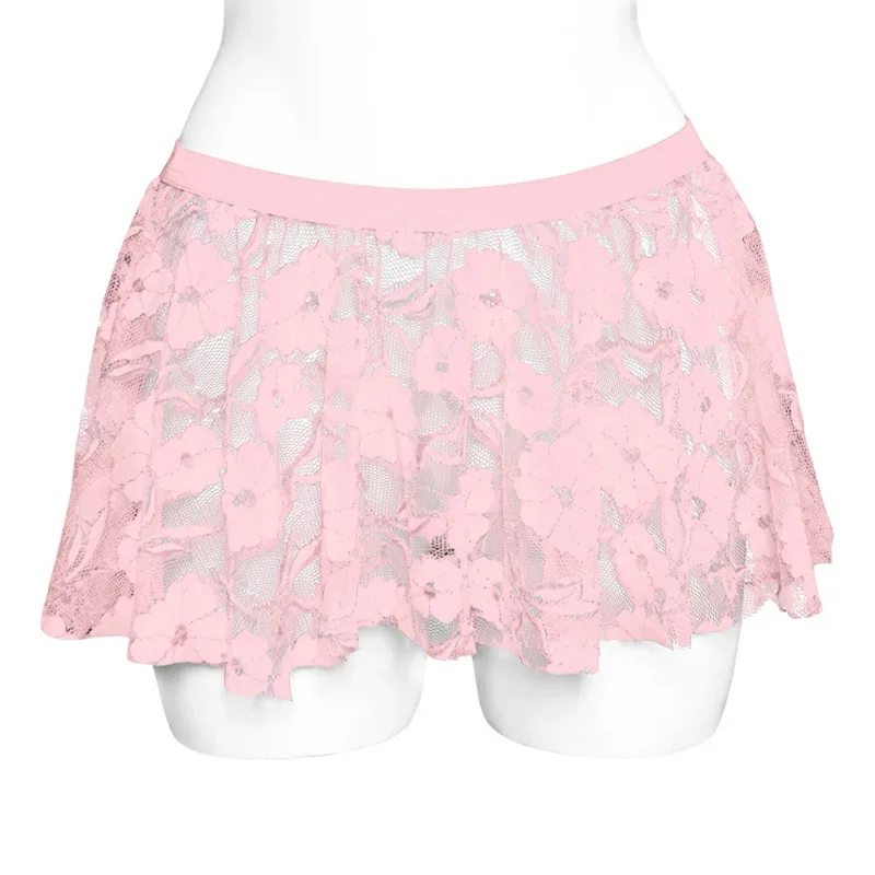 Men Solid Lace Skirt Mesh See Through For Lingerie Low For Rise Pleated Skirts Floral Pattern See‑through Male Daily Bottom