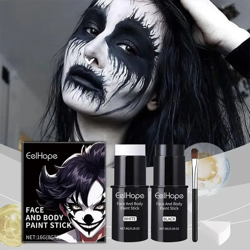 Halloween Black White Face Body Paint Kit Full Coverage Lighweight Foundation Clown Joker Μακιγιάζ Εορταστικό Σετ αξεσουάρ μακιγιάζ