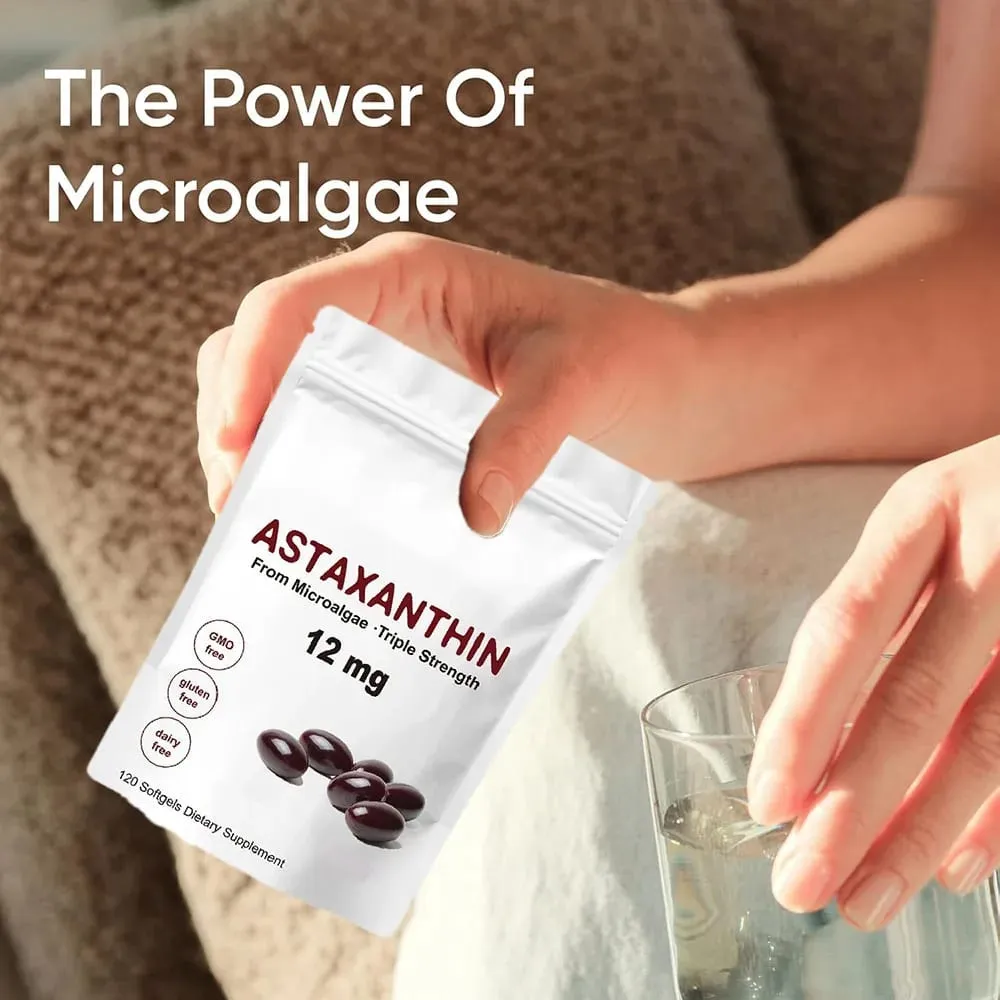 Astaxanthin 12mg Premium Astaxanthin תוספי נוגדי חמצון | תומך במחזור הפנימי של מפרק העין בבריאות העור | שִׁזוּף