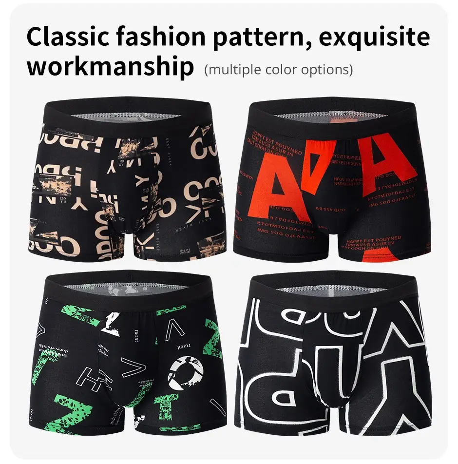 4-teilige Herrenmode, bedruckte Unterwäsche, atmungsaktive Schritt-Boxershorts für Teenager, bequeme Übergrößen-Unterwäsche bis 6XL.