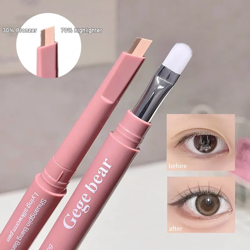Double Ended Lying Silkworm Pencil 2 in1 Highlighter Nude Lower Eyelid Contour Aegyo-sal Eyeliner Makeup Stick with Detail Brush — image 5