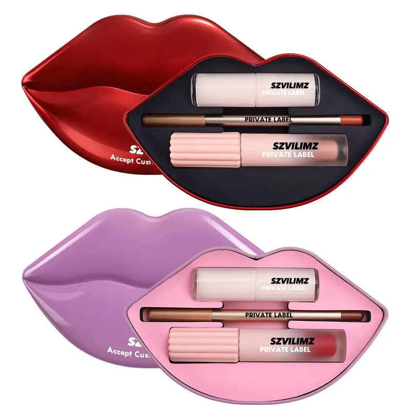 Κιτ μακιγιάζ χειλιών Private Label Lip Gloss Pencil Liner Balm Ματ γυαλιστερό Σετ lipgloss Χονδρική 3 σε 1 Κουτί δώρου