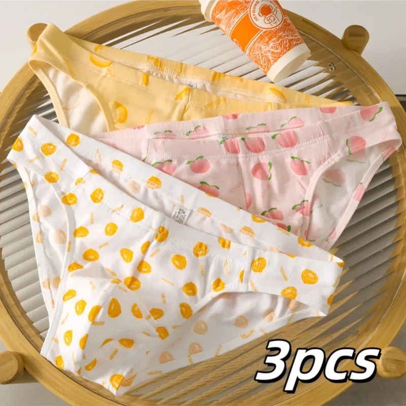 Three-pack of men's cute and personalized fruit-print cotton comfortable skin-friendly briefs, breathable low-rise home casual underwear for young men